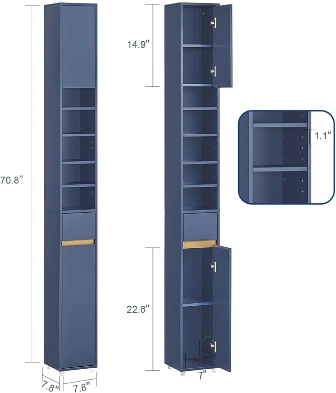 SoBuy Bathroom Narrow Storage Cabinet Skinny Tall Unit with Adjustable Shelves Slender Anti-Tipping Floor Standing Cupboard, Blue BZR34-B