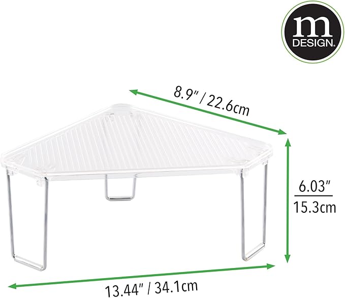 mDesign Plastic/Steel Freestanding Foldable Corner Stackable Organizer Shelf for Kitchen, Counter, Pantry, Cabinet Storage, Holds Plates, Dishes, Ligne Collection, 2 Pack - Clear