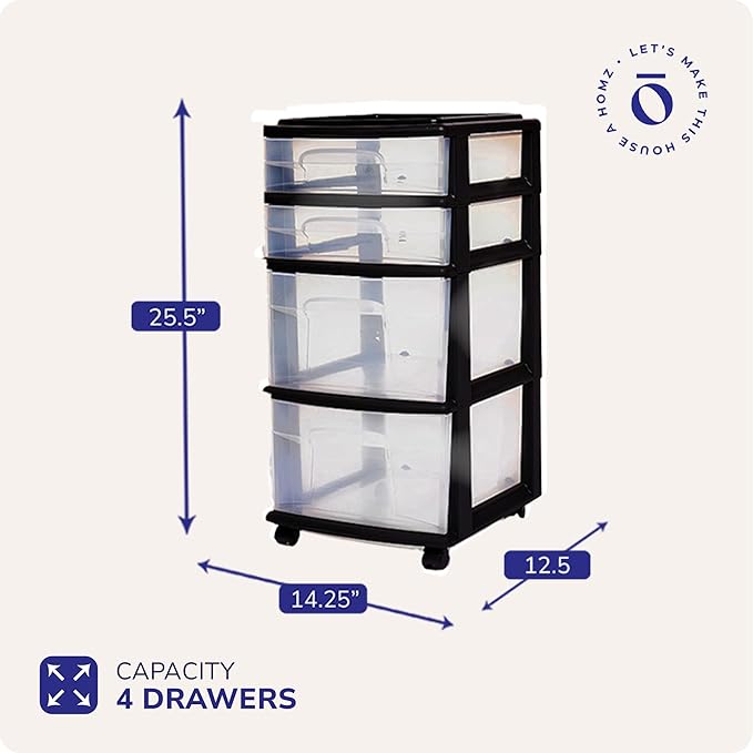 HOMZ Drawer Tower, 4-Tier Clear Plastic Storage Organizer Cart, Black Frame - Rolling Drawers with Wheels for Desk, Dresser, Cabinet, Bedroom, Bathroom, Closet, Classroom, and Office Organization