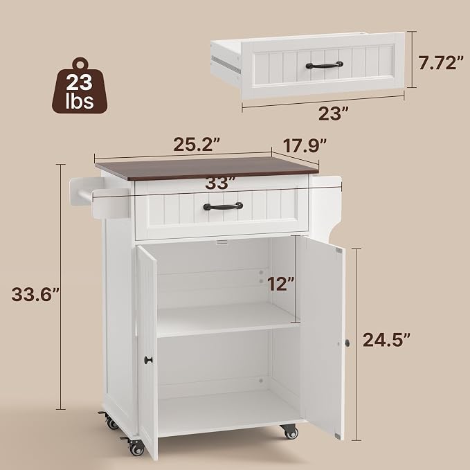 Gizoon 33" W White Kitchen Island Cart with Adjustable Shelf, | Metal Wheels, Drawer & Storage Cabinet, Spice Rack & Towel Rack, for Dining Room, Bar, Retro Wooden Countertop