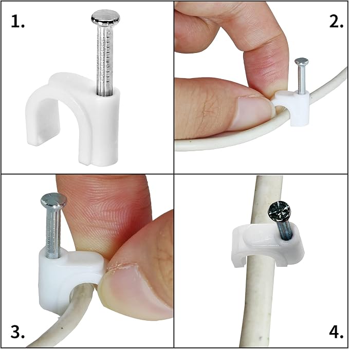 Bonsicoky 6mm White Nail Cable Clips, 100Pcs | Steel Nail, Cable Wire Management, For Ethernet Cable, For Telephone Cable, For TV Wire Cable