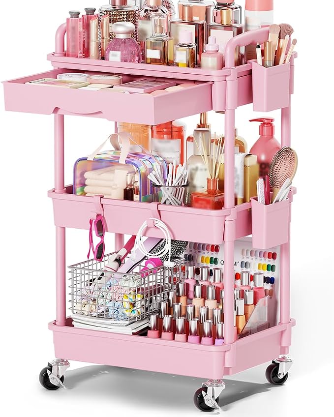 Goovilla Rolling Makeup Organizer Cart with Removable Drawer, 3 Tier Stable Pink Floor Skincare Storage Cart for Vanity, Cosmetic Display, Nail Polish, Perfume, Hair Stuff, Beauty, Bathroom(Plastic)