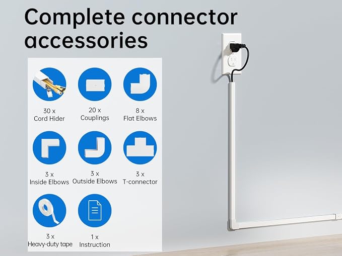 Delamu Cord Hider, 471in Total Cord Covers for Wires on Wall, Paintable Cable Cover for Wall Mounted TV, Easy Install Cable Raceways to Hide 1-2 Cords, 30 Pack, Each 15.7"L x 0.59"W x 0.40"H, White