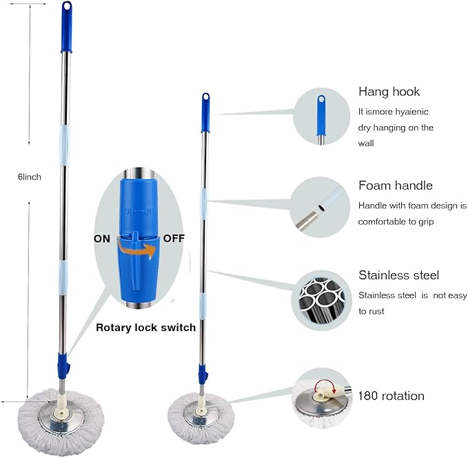 Spin Mop Bucket System, 360 Spin Floor Cleaning Mop Bucket with 3 Microfiber Replacement Head Refills Telescoping Handle for House Cleaning