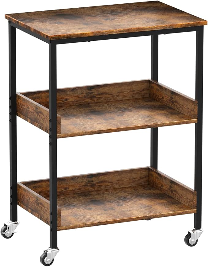 ASTARTH 3-Tier Rolling Kitchen Microwave Cart | Microwave Stand with Wheels, Small Kitchen Storage Island, Living Room Coffee Bar Cart, Rustic Brown