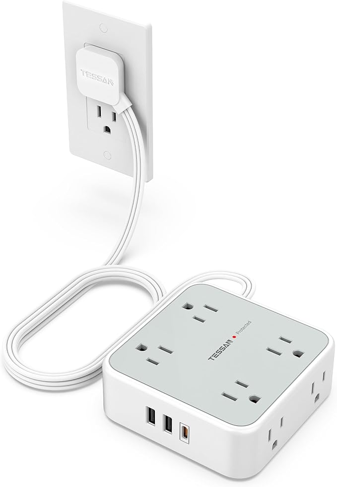 TESSAN Surge Protector Power Strip, 5 Ft Flat Plug Extension Cord with 3 USB (1 USB C 20W PD) 8 Outlets, 900J Protection, 3 Sided Outlet Extender with Power Switch for Office, Dorm Room, Grey