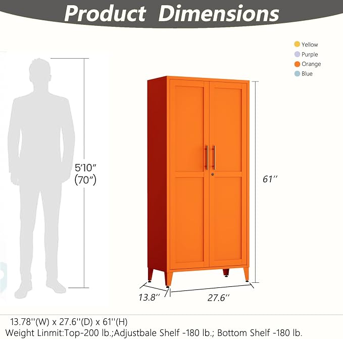 Heavy Duty Metal Cabinet with 3 Adjustable Shelves, Lockable Double Door Storage Locker, 61" Tall Utility Closet for Living Room Home Office Orange 61" H X 27.6" W X 13.8" D