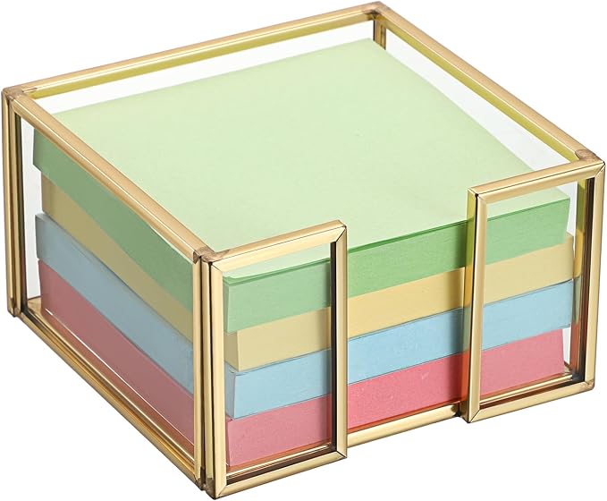 BTSKY Golden Glass Sticky Note Holder for 3x3 Inch Sticky Notes, Elegant Post It Note Dispenser with Non-Slip Pads Clear Notepad Holder for Desk Organization Planning, Home Office Decor