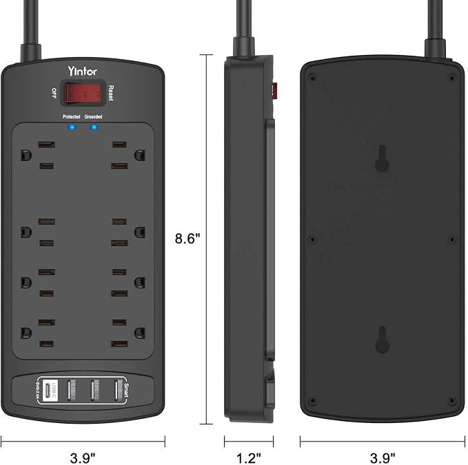 Surge Protector Power Strip, Yintar 10 Feet Flat Plug Extension Cord with 8 AC Outlets and 4 USB Ports, 2700 Joules, ETL Listed, Black