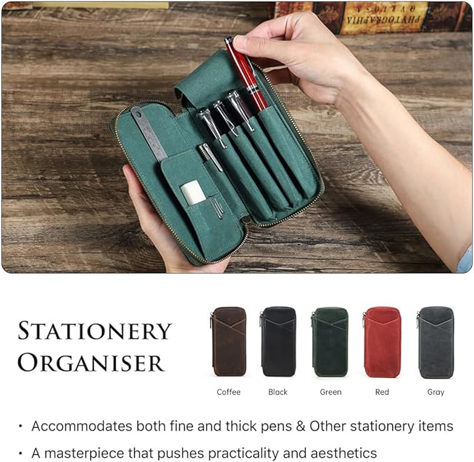 CONTACTS Full Grain Leather Pencil Case Handmade Vintage Zipper Pen Holder Pouch with Card Slot Pens Organizer Pockets Stationery Bag for Men and Women (Dark Green)