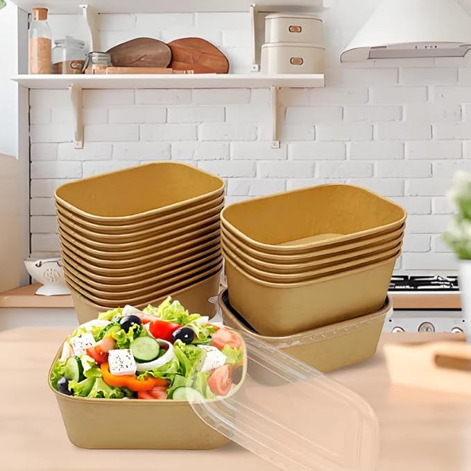 50 Pack Paper Meal Prep Containers with Lids, 20 oz Disposable and Compostable Take out Food Containers Rectangular to Go Paper Bowls for Leftovers, Salad, Soup, Snack