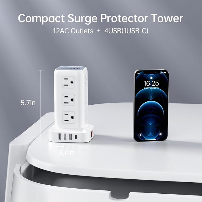 Power Strip with 12 Outlets 4 USB (1 USB C), 16.5Feet Extension Cord with Multiple Outlets, Charging Station, Power Strip Tower, Home Office Desk Supplies