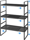 Expandable Cabinet Shelf Organizers, Kitchen Small Stand Rack Organization for Countertop Cupborad Pantry Desktop Spice Rack, Black 3 Pack