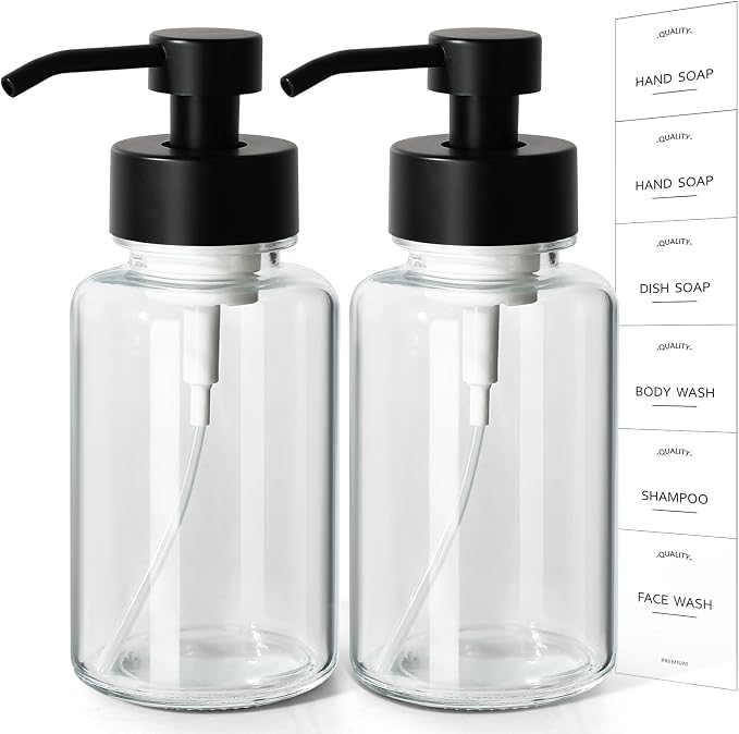 Foaming Hand Soap Dispenser, 14.1 oz/400ml Foaming Soap Dispenser, 2 Pack Glass Foaming Dispenser for Bathroom & Kitchen, Clear Refillable Liquid Dispenser Bottle with Waterproof Labels