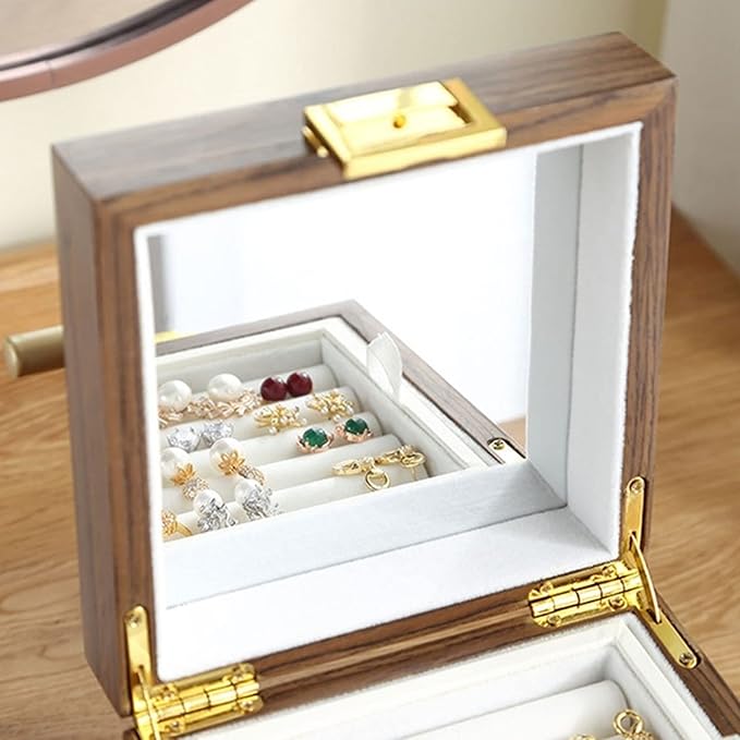 Storage Bins Large 3-Layer Wooden Jewelry Box Luxurious Earring Necklace Desktop Cosmetic Storage Box with Portable Handle and Safety