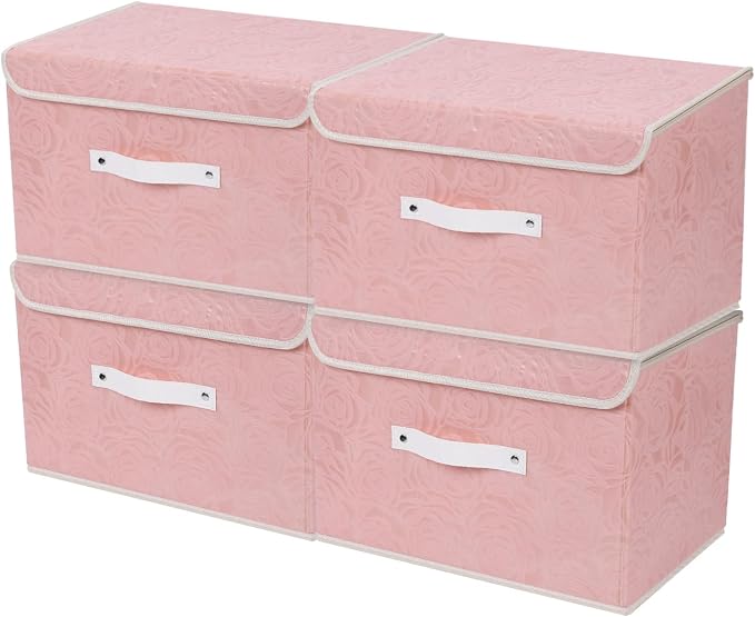 ANMINY 4PCS Fabric Storage Bin with Lid Rose Print Storage Box Basket with PU Leather Handles Washable PP Plastic Board Decorative Foldable Lidded Shelf Closet Organizer Container - Pink, Medium