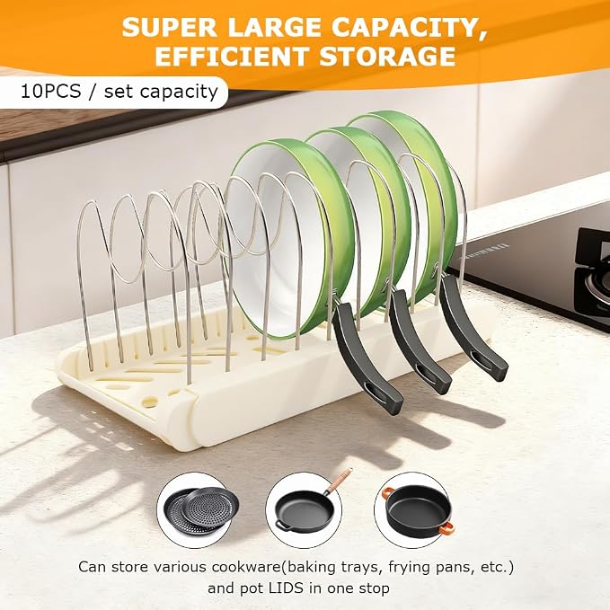 Pot and Pan Organizer for under cabinet, Expandable Pan Organizer for Cabinet, Pot Lid Holder with 10 Adjustable Compartments for Kitchen Cabinet Cookware Baking Frying Rack(White)