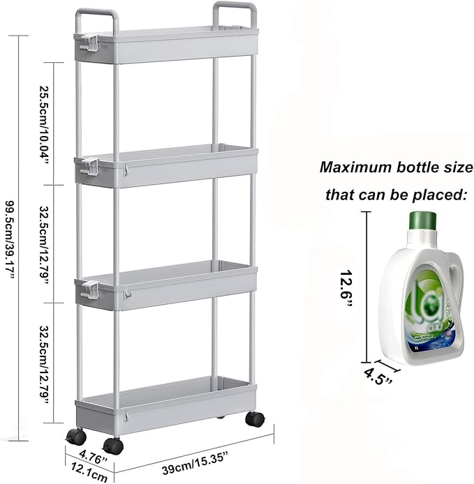 SOLEJAZZ Slim Rolling Storage Cart Skinny Bathroom Organizer, 4 Tier, Gray | Thin utility cart with wheels for bathroom, laundry room, bedside, kitchen, dorm, office, next to fridge, small narrow places
