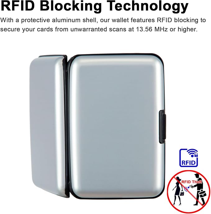 Credit Card Holder, RFID Blocking Metal Card Wallet for Women Men Slim ID Card Holders Protector Aluminum Business Hard Case (Silver)