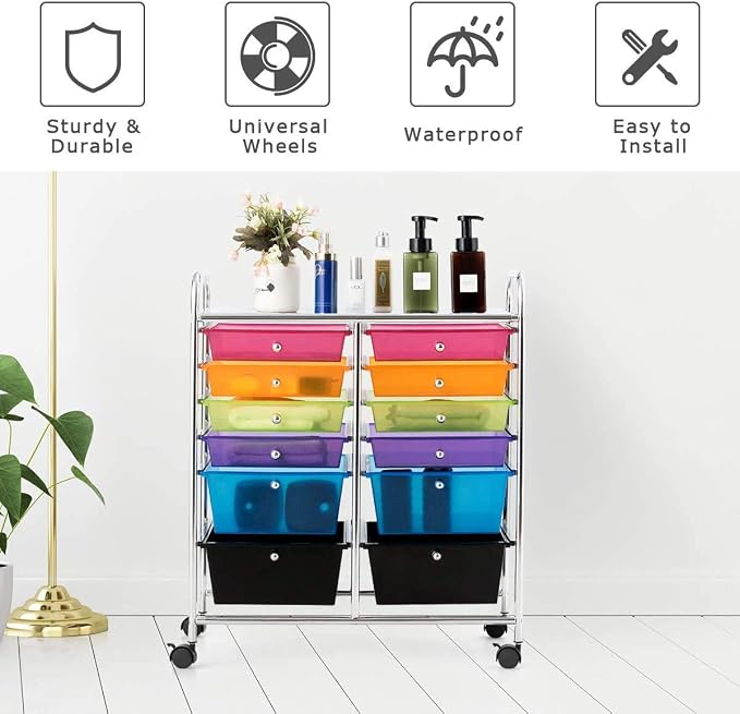 Moccha 12-Drawer Rolling Storage Cart - Under Desk Storage Drawers with wheels for Craft Art Supply Paper Salon, Scrapbook Paper Tools, Mobile Utility Cart for Classroom, Colorful