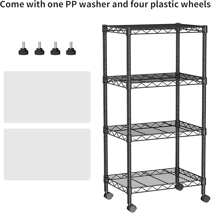 Golpart Small Shelves Storage Wire Metal Adjustable Shelf Unit with Wheels | 4 tier Shelving Organizers Storage Shelving for Bathroom Laundry Room Kitchen Pantry 11.7”D x 17.7”W x 44.8”H Black
