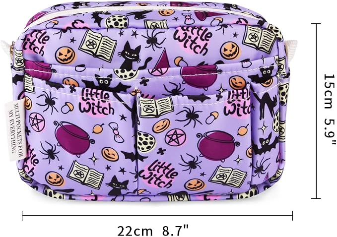 E-WEICHEN Multiple Pockets Portfolio Organizer with Zippered, Makeup Bag Travel Essentials for Women, Simple Waterproof Stationery Pencil Pouch Bag for Journal Office Art Supplies.Purple Halloween