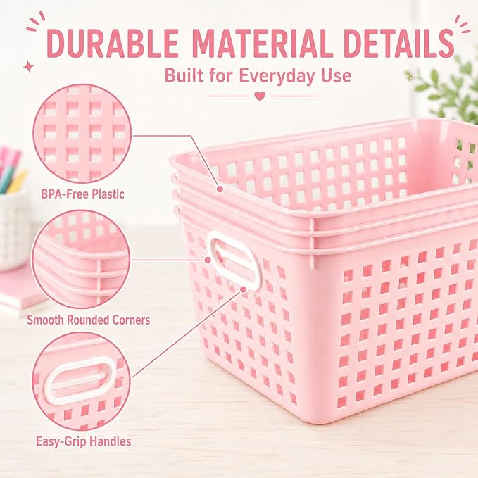 6 Pack Plastic Classroom Storage Baskets, Organizer Bins with Handle | Pink Color 11" × 7.1" × 4.6" Medium Papers Book Storage Organizer for School Classroom Library Office Home Desktop Bookshelf