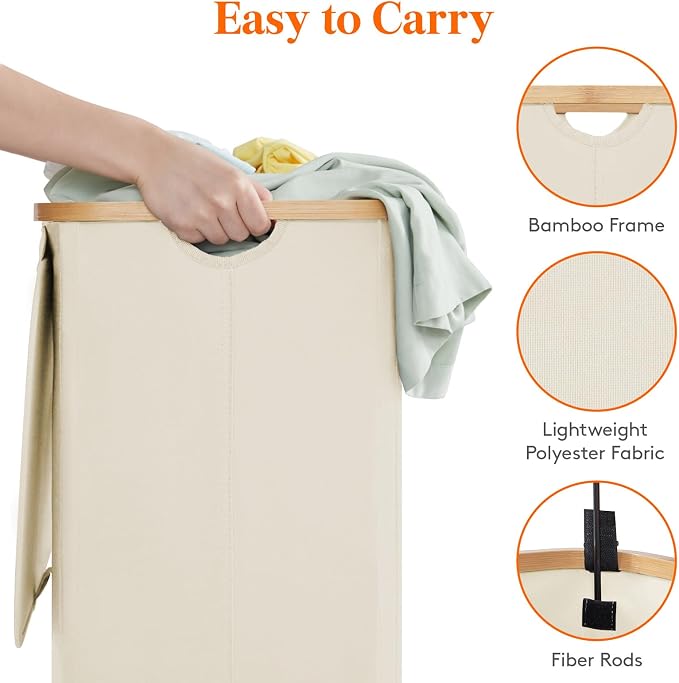 Lifewit 80L Laundry Basket with Lid, Clothes Hampers for Laundry with Bamboo Handles and 1 Removable Bag, Large Foldable Laundry Hamper for Bedroom, Bathroom, Dorm, Laundry Room, White