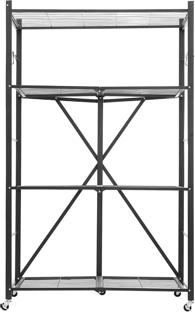 VEVOR 4-Tier Foldable Storage Shelf, 36W x 21D x 60H Inch Folding Metal Rack Shelving Unit, No Assembly Organizer Shelf with 5 Wheels & 4 Hooks for Pantry, Kitchen, Garage, Basement, Black
