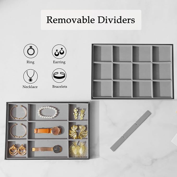 Large Jewelry Organizer Tray 2 Pack, Stackable Jewelry Storage Holder for Drawer Inserts, PU Leather Velvet Jewellery Display Case for Earring Bracelet Necklace Ring (Black Gray, 12 Grids)