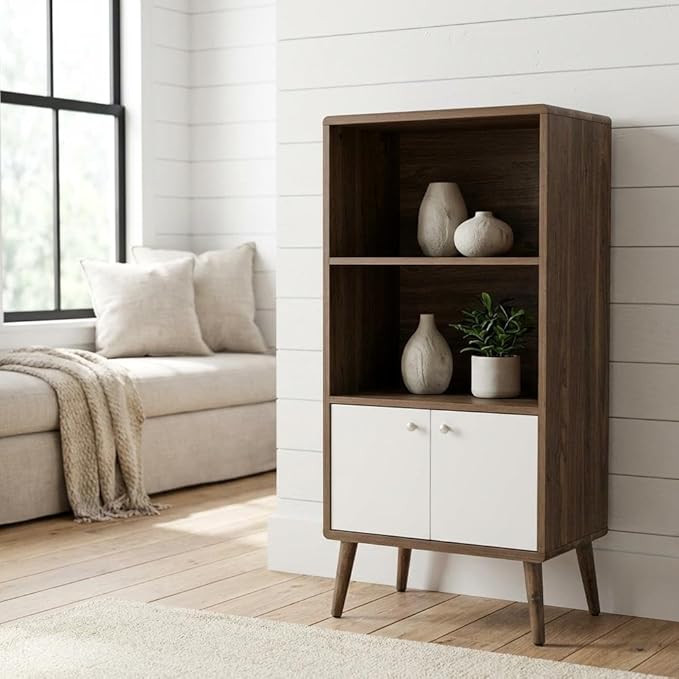 Furnifact Walnut White Display Cabinet Bookshelf with Modern Design, Ample Storage Space, Durable Construction, and Elegant Finish for Living Room, Office