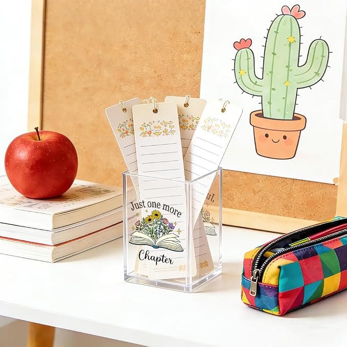 Just One More Chapter Acrylic Pencil Pen Holder Cup, Reading Book Club Makeup Brush Storage Organizer, Cute Bookish Desk Accessories Holder Gifts for Daughter Librarian Teacher Holders (B)