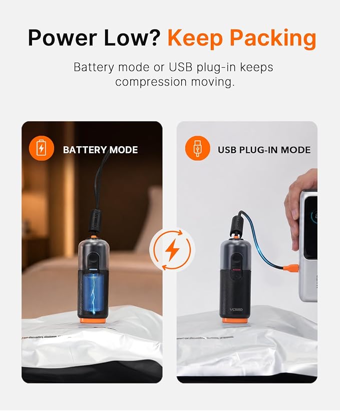 Vacbird 10-Pack Large Vacuum Storage Bags with USB & Battery 2-in-1 Rechargeable Cordless Pump, Space Saver Seal Bags for Home Organization, Bedding, Blankets and Clothing