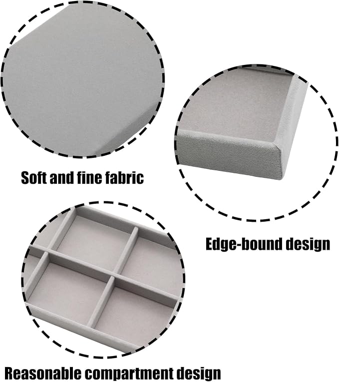 Velvet Jewelry Organizer Trays Gray Stackable Jewelry Storage Display Tray with Removable Dividers, 6 Grids
