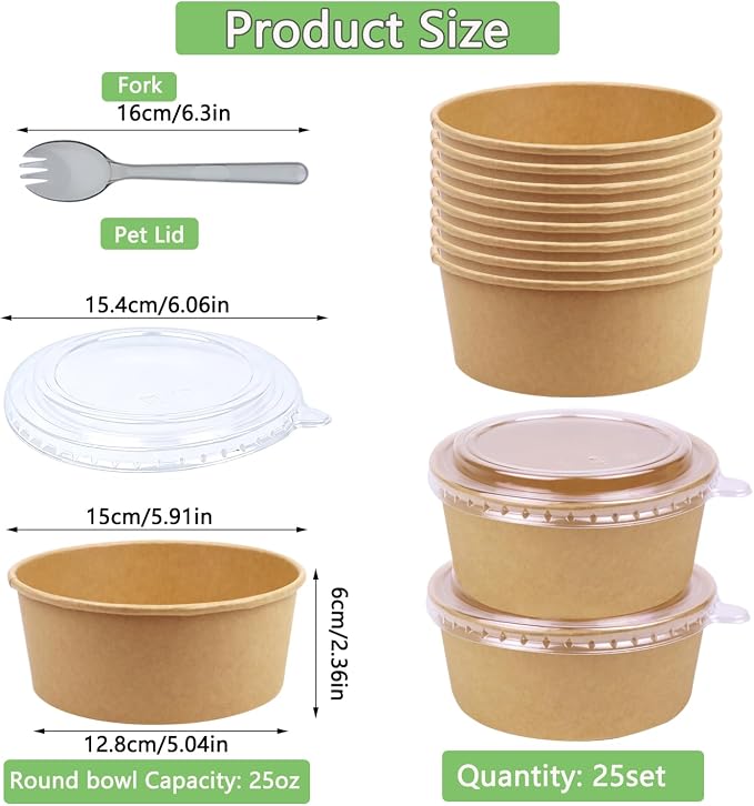 25 Pack 25oz Disposable Kraft Paper Bowls with Lids and Forks, Meal Prep Containers Disposable Soup Serving Bowls Take Out Containers for Party, Microwave Safe for Hot/Cold Food (Round)