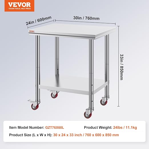 VEVOR Stainless Steel Work Table 30 x 24 x 33 Inch Prep Table with 4 Caster