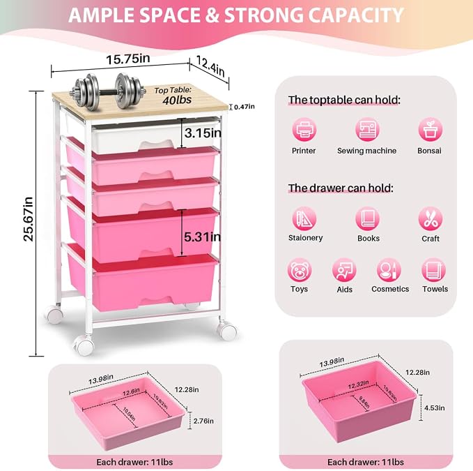 Goovilla Rolling Cart with Drawers, Utility Cart Organizer with 5 Removable Drawers and Wooden Tabletop, Lockable Rolling Storage Organizer for Art, Classroom, Home, Dorm, Office, Craft Storage, Pink