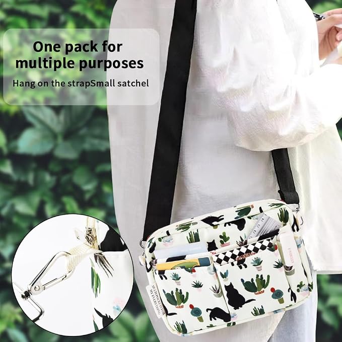 E-WEICHEN Multiple Pockets Portfolio Organizer with Zippered, Makeup Bag Travel Essentials for Women, Simple Waterproof Stationery Pencil Pouch Bag for Journal Office Art Supplies.White Black Cat
