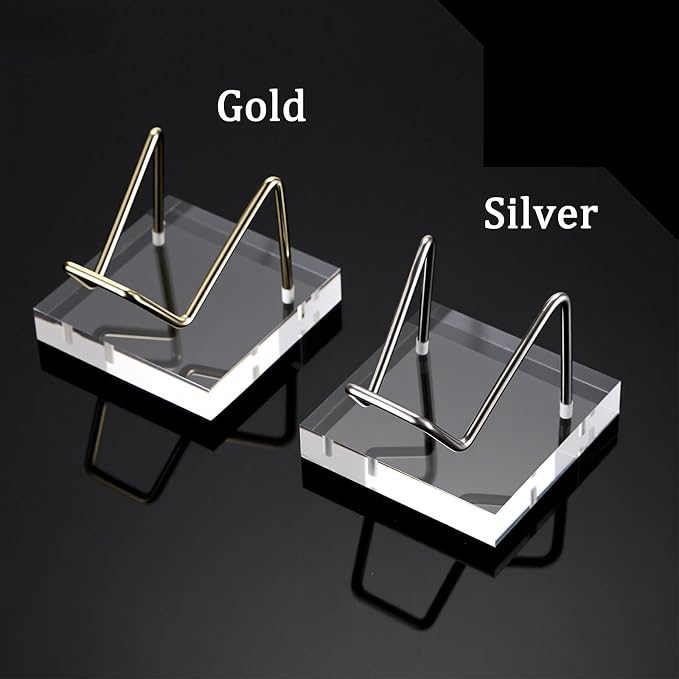 Hipiwe Metal Display Stand with Acrylic Square Base Business Card Holder Clear Acrylic Rock Display Easel for Fossil Coral Mineral Agate