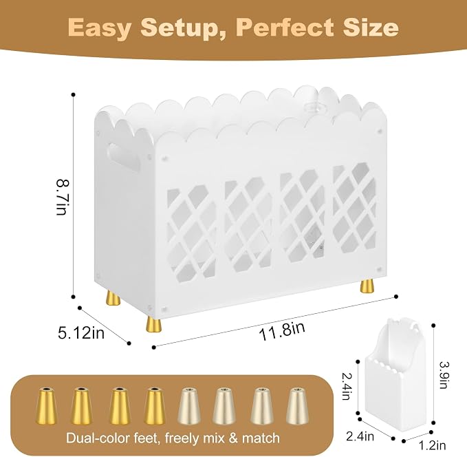 Acrylic Magazine Rack with Handle,Detachable Side Pen Slot,Wave HollowOut Design,Replaceable Anti-Slip Feet,Magazine Rack floor for Stationery File Snack Home Office Organization (White, 13x5.1x8.7")