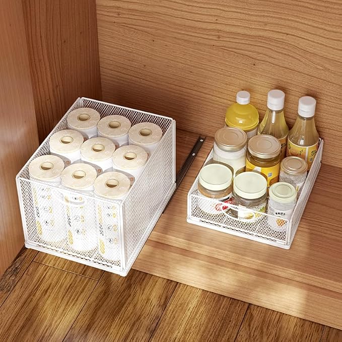 GC Pull out Cabinet Organizer Fixed with Adhesive Nano Film Heavy Duty Slide out Pantry Shelves Drawer Storage under sink organizer Sliding Mesh Cabinet Basket with Handle for Kitchen (Small)