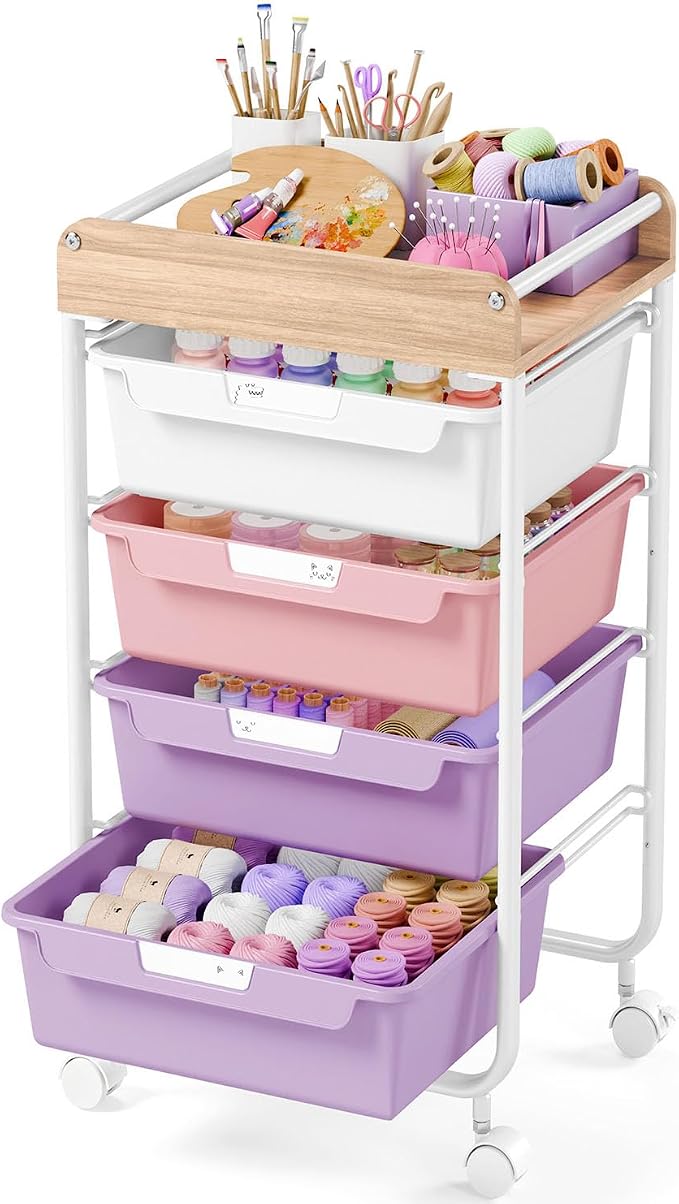 SYKIARIOL Rolling Craft Storage Cart with 4 Drawers,Utility Cart with Drawers,Art Craft Organizers and Storage,Kids Art Craft Cart With DIY Lable and Wooden Tabletop Area, Purple