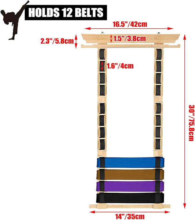 JUXYES Wall Hanging Martial Arts Belts Organizer for 8 12 Belts with Medal Hanger and Stickers, Bamboo Karate Belt Display Holder Rack, Taekwondo Belt Display Holder for Martial Arts Learners