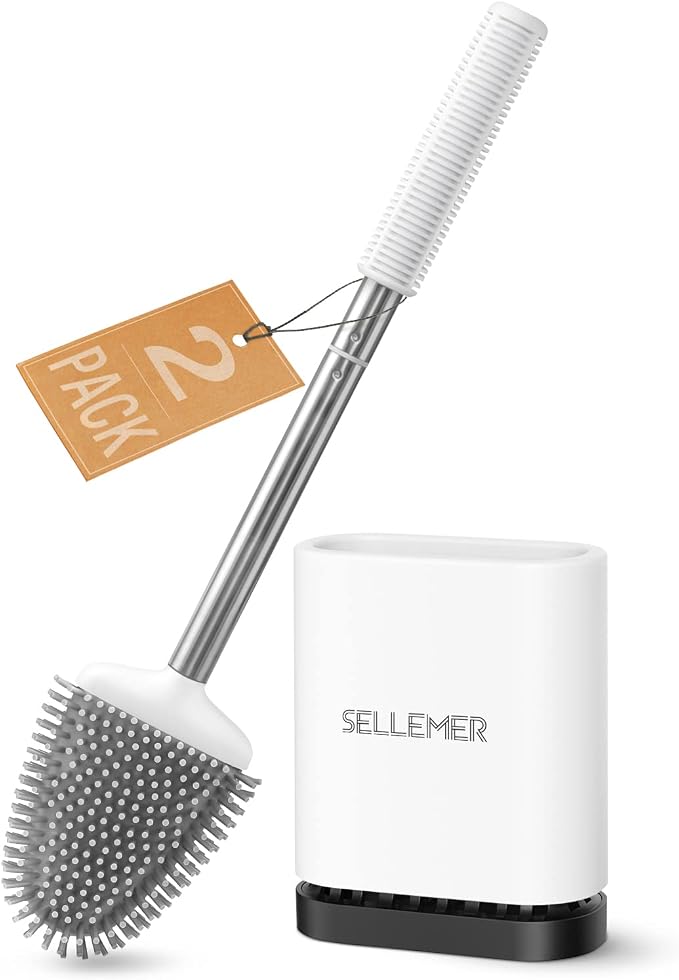 Sellemer Silicone Toilet Brush, Ventilation Slots Base Holder 2 Pack, White | Flexible Bristles Flat Head for Rim, Hair Tangle-Free, Easy to Clean, Compact Design, Rustproof Handle, for Toilet/Sink/Tub