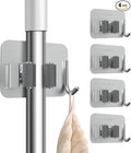 nacena 4 Pack No Drill Self Adhesive Broom Mop Holder Wall Mount with Hooks, Heavy Duty Stainless Steel Organizer for Kitchen Bathroom Garage Storage,Silver