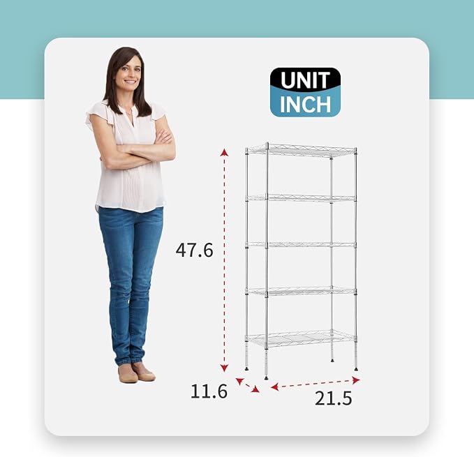 Meet perfect 5-Tier Wire Shelving Unit, NSF Certified Metal Storage Rack, 750 lbs Capacity Heavy Duty Shelf, Adjustable Pantry Organizer for Kitchen Garage Laundry, 47.6" H x 21.5" W x 11.6" D
