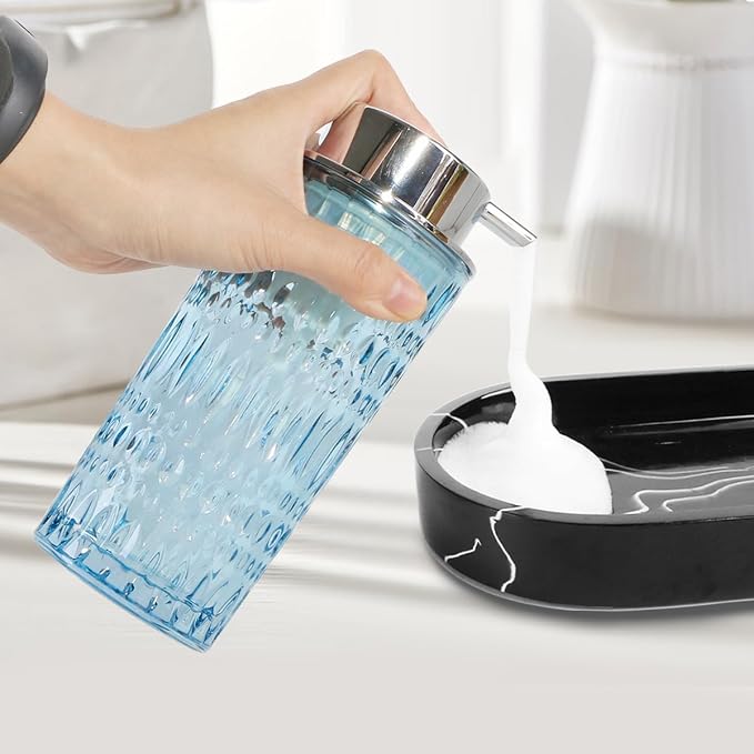 Foam Soap Dispenser, Glass Foaming Hand Soap Dispenser with Pump, 14 Oz Bathroom Refillable Liquid Lotion Pump Bottle Container for Kitchen Countertop Decor (1, Blue Silver)