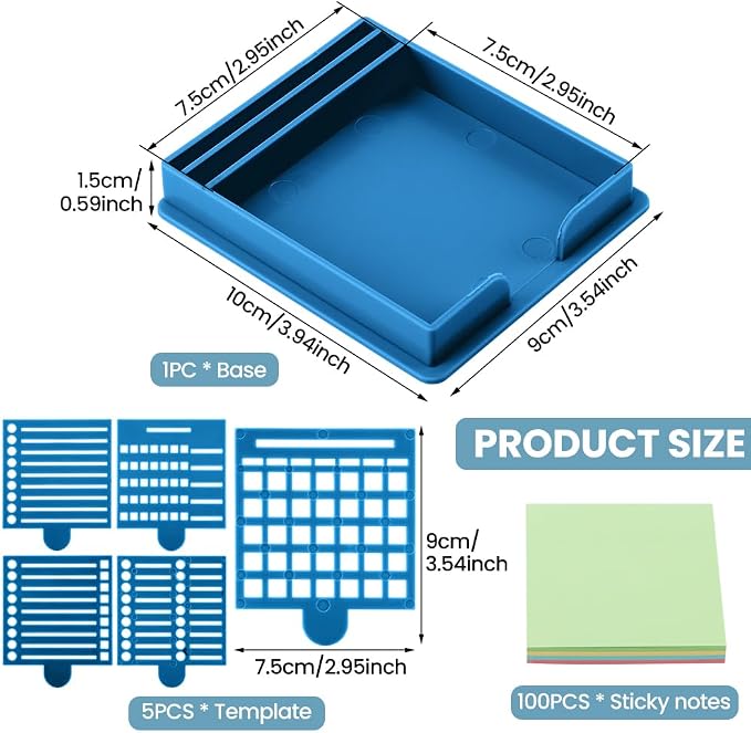 Sticky Note Holder with 5 Different Stencil & 100 Sheet Post It Notes, 3x3 inch Sticky Pads Dispenser with Line Box Drawing Template for Office and Home(COLOR:blue)