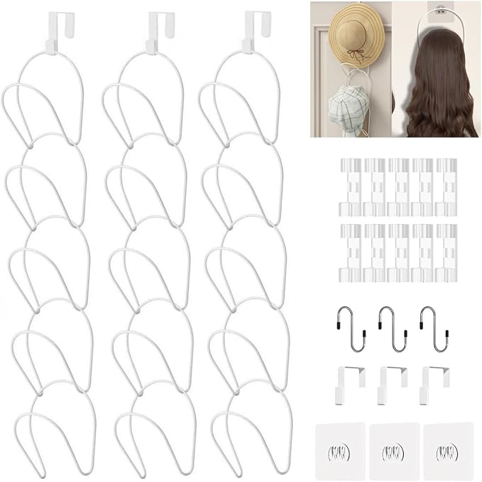 LINFIDITE 15 Pack Baseball Hat Rack Hanger Holder Organizer Multi Hook Wall Mounted Over Door Cap Display Storage Rack Cap Holder, Closet HangingStorage Rack w Hanging Hook White