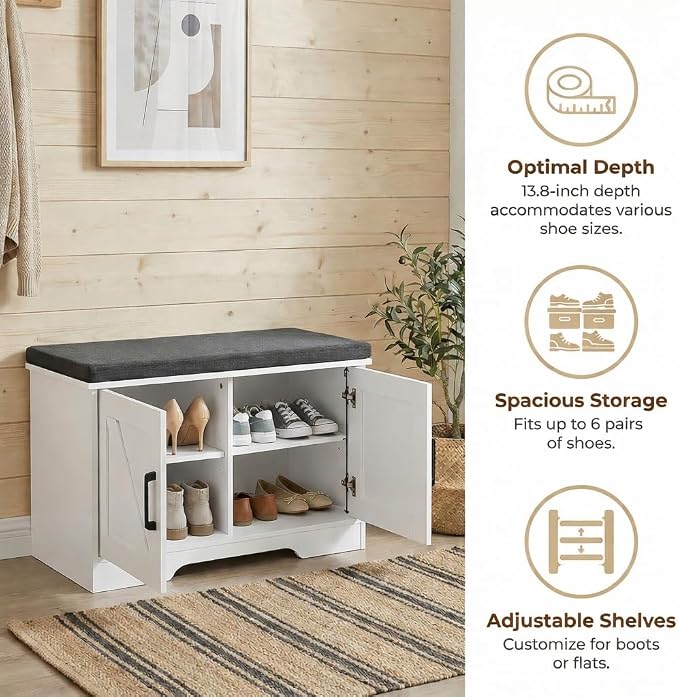 HOMSHO Farmhouse Shoe Storage Bench with 2 Barn Doors & Padded Seat Cushion | 27.6" Wide Entryway Bench with Adjustable Shelves & Hidden Storage, White